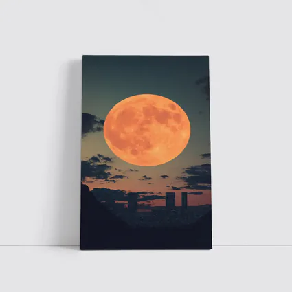 Giant Orange Moon Over City Skyline