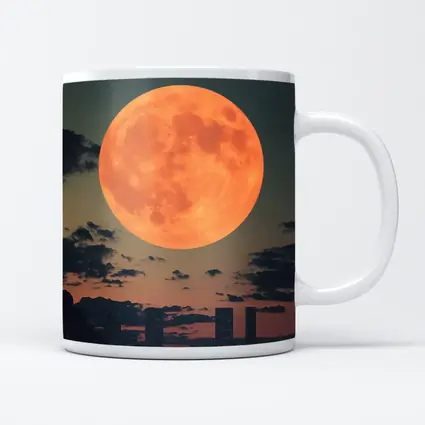 Giant Orange Moon Over City Skyline
