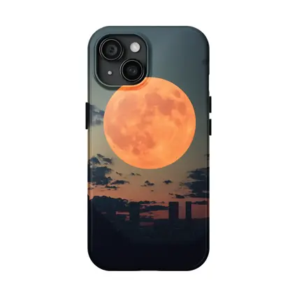 Giant Orange Moon Over City Skyline