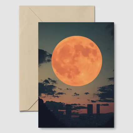 Giant Orange Moon Over City Skyline