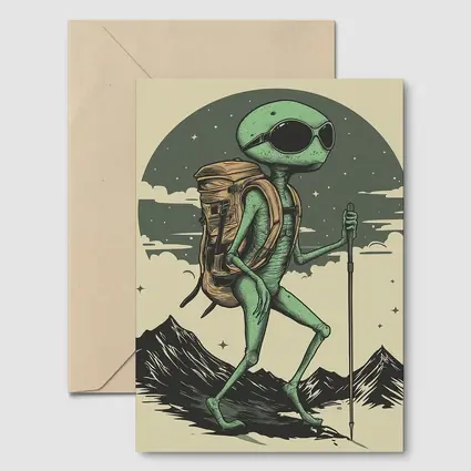 Alien Hiker Backpacking Through Mountain Landscape
