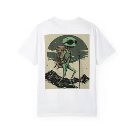 Alien Hiker Backpacking Through Mountain Landscape