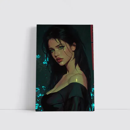 Dark Haired Woman Green Eyes Neon Night
