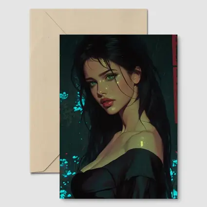 Dark Haired Woman Green Eyes Neon Night
