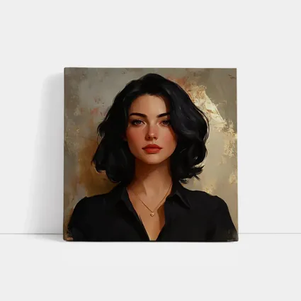 Dark Haired Woman Portrait Gold Abstract Background