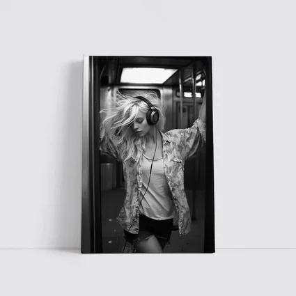 Blonde Woman Headphones Dancing Subway Train