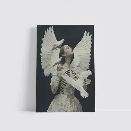 Woman With White Doves Skeleton Dark Background