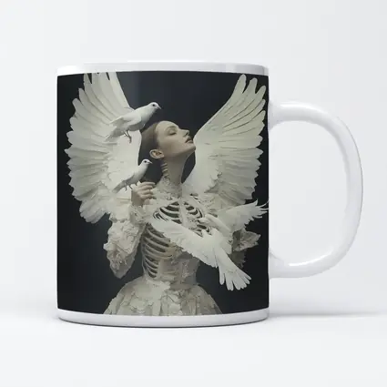 Woman With White Doves Skeleton Dark Background
