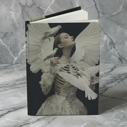 Woman With White Doves Skeleton Dark Background
