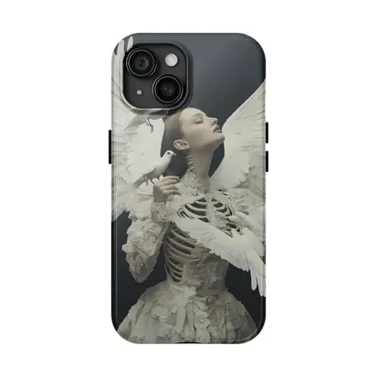 Woman With White Doves Skeleton Dark Background