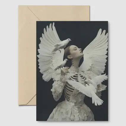 Woman With White Doves Skeleton Dark Background