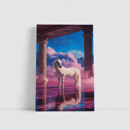 White Horse Standing in Dreamy Pink Clouds