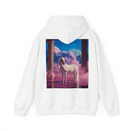 White Horse Standing in Dreamy Pink Clouds