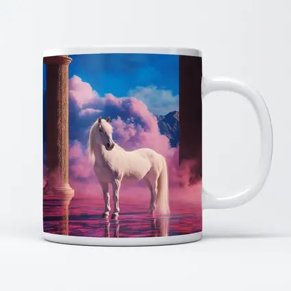 White Horse Standing in Dreamy Pink Clouds
