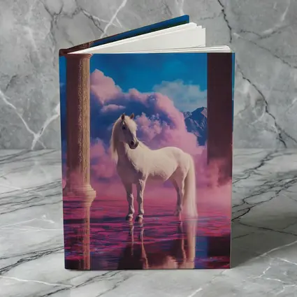 White Horse Standing in Dreamy Pink Clouds