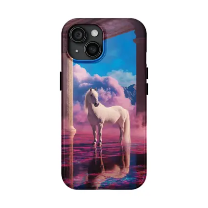 White Horse Standing in Dreamy Pink Clouds