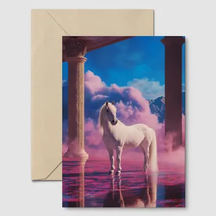 White Horse Standing in Dreamy Pink Clouds