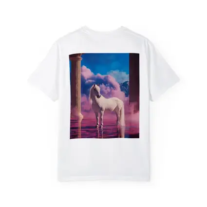 White Horse Standing in Dreamy Pink Clouds