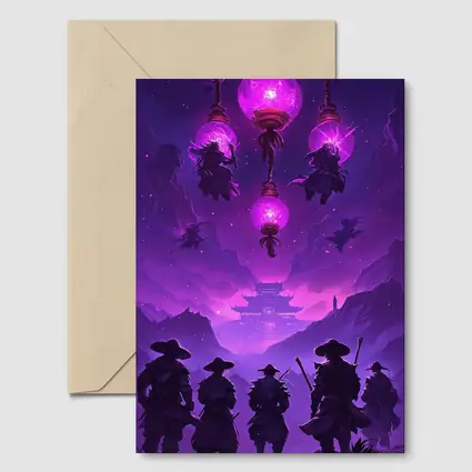 Samurai Warriors Purple Glowing Lanterns Night