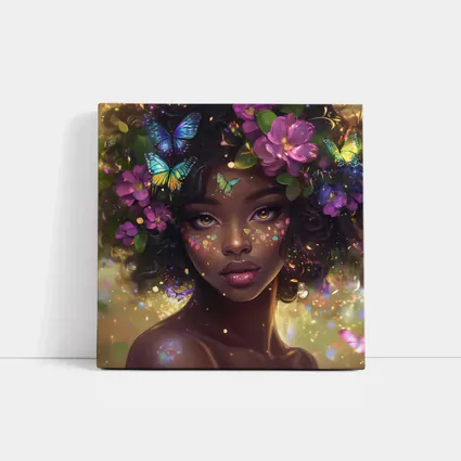 Fantasy Black Woman Butterflies Purple Flowers Art