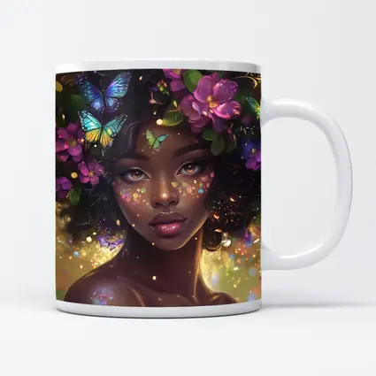 Fantasy Black Woman Butterflies Purple Flowers Art
