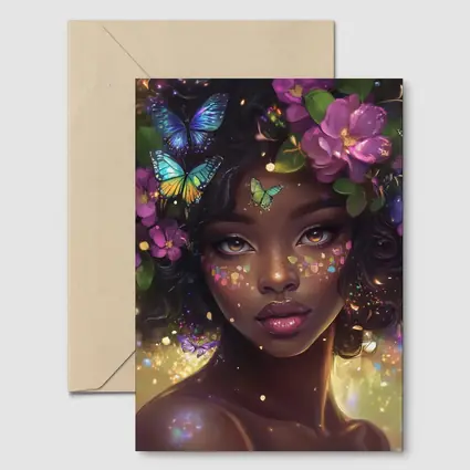 Fantasy Black Woman Butterflies Purple Flowers Art