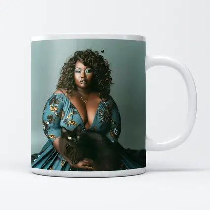 Woman in Blue Floral Gown Holding Black Cat