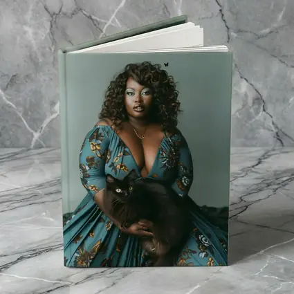 Woman in Blue Floral Gown Holding Black Cat