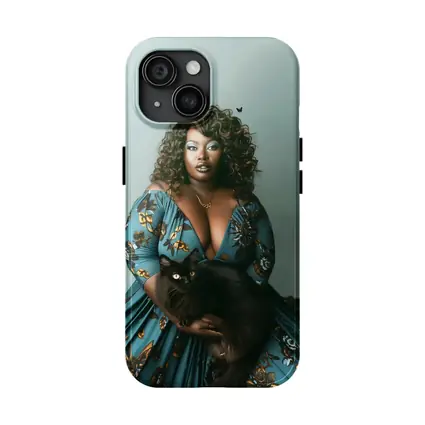 Woman in Blue Floral Gown Holding Black Cat