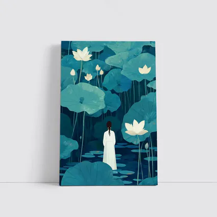 Woman Standing Among Blue Lotus Flowers