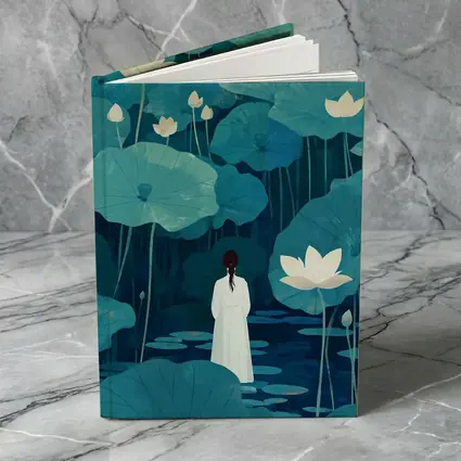 Woman Standing Among Blue Lotus Flowers