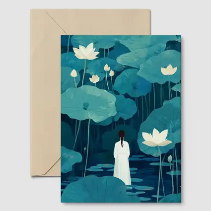 Woman Standing Among Blue Lotus Flowers