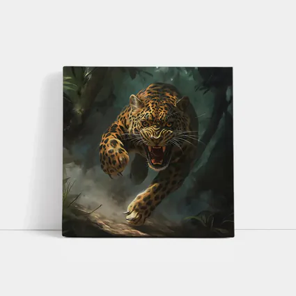 Roaring Jaguar Leaping Through Dark Jungle