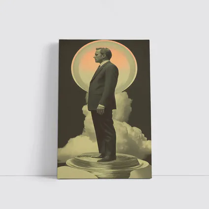 Retro Man Standing Clouds Glowing Circle