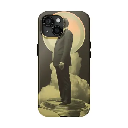 Retro Man Standing Clouds Glowing Circle