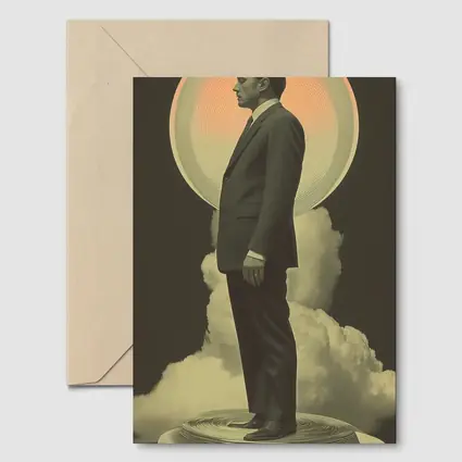 Retro Man Standing Clouds Glowing Circle