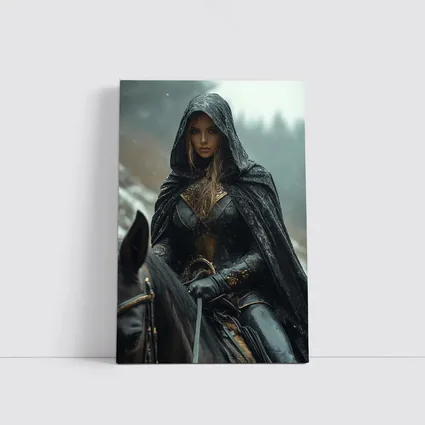 Dark Female Warrior Riding Horse Snowy Forest