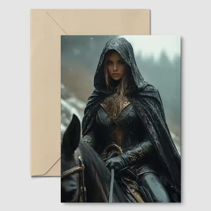 Dark Female Warrior Riding Horse Snowy Forest