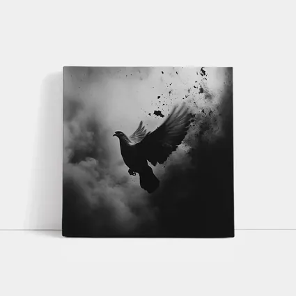 Dark Dove Flying Through Smoky Storm Clouds