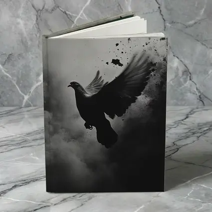 Dark Dove Flying Through Smoky Storm Clouds