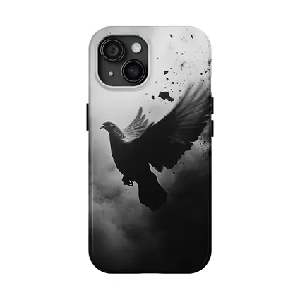 Dark Dove Flying Through Smoky Storm Clouds