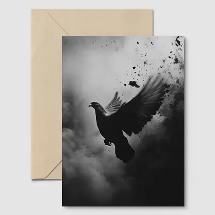 Dark Dove Flying Through Smoky Storm Clouds
