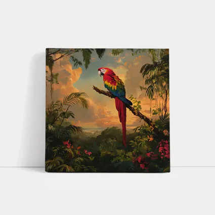 Scarlet Macaw Perched Tropical Jungle Sunset