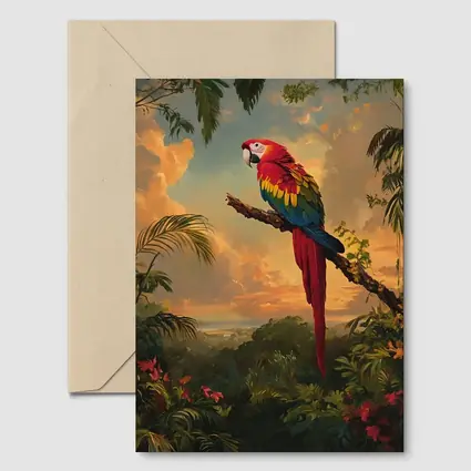 Scarlet Macaw Perched Tropical Jungle Sunset