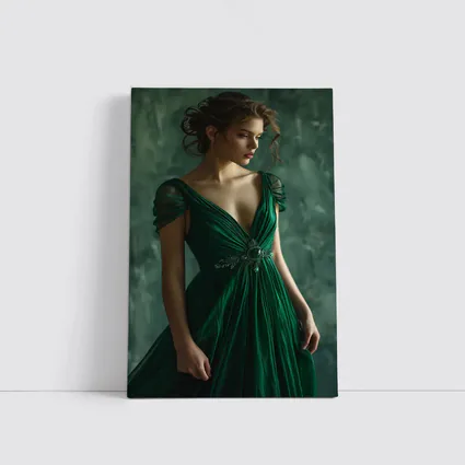 Woman Green Gown Elegant Dark Teal Background