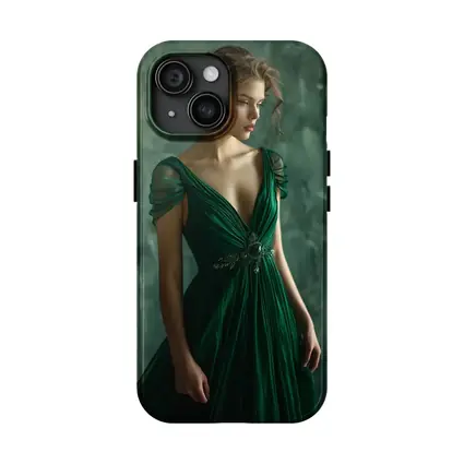 Woman Green Gown Elegant Dark Teal Background