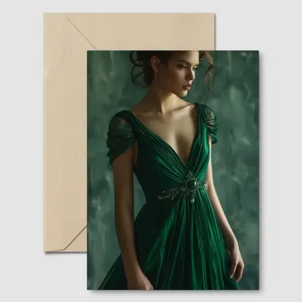 Woman Green Gown Elegant Dark Teal Background