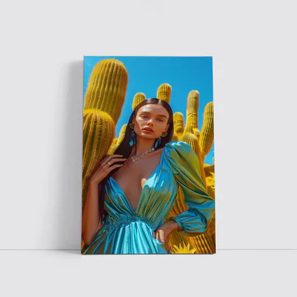 Woman Blue Satin Dress Desert Cactus