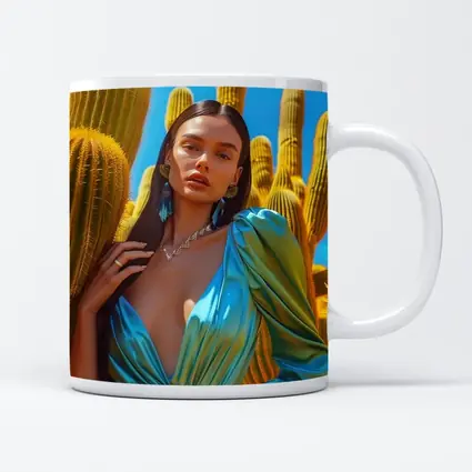 Woman Blue Satin Dress Desert Cactus