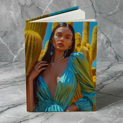 Woman Blue Satin Dress Desert Cactus